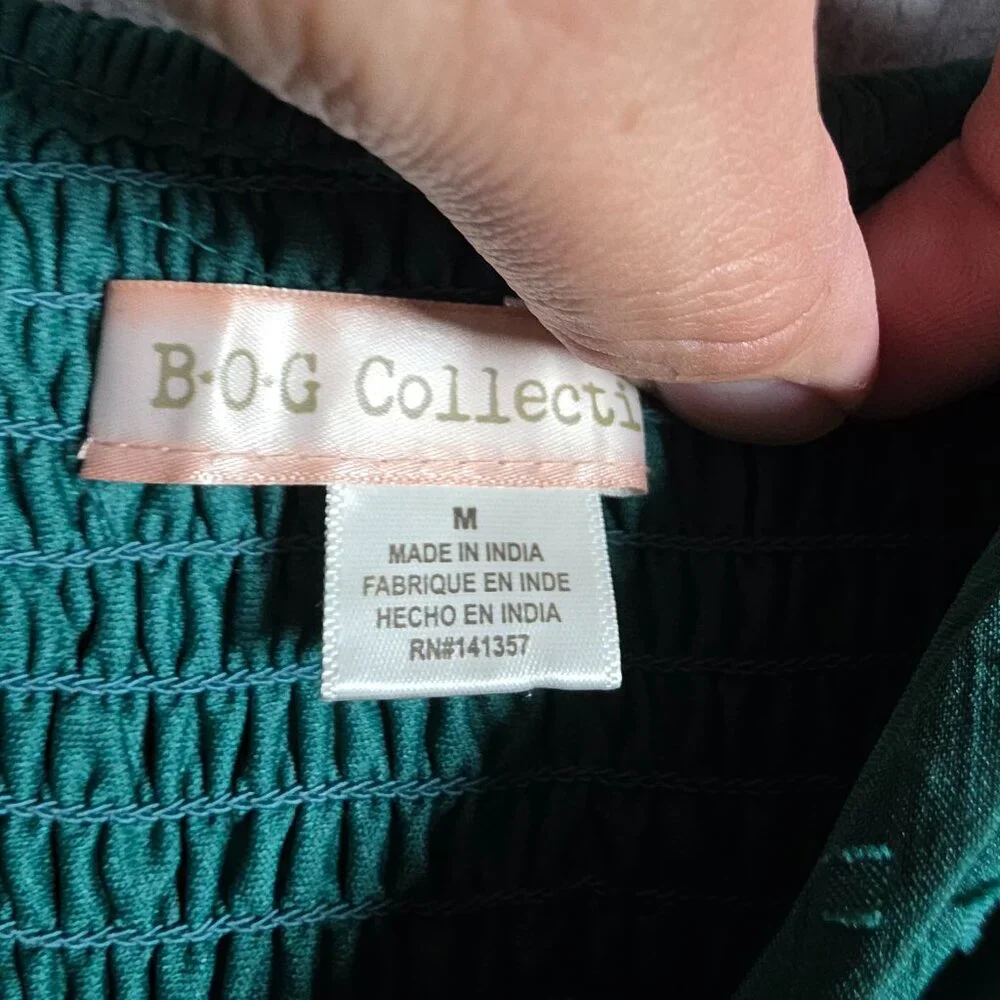 BOG Collective Top Womens Size Medium Pine green Smocked Cropped Blouse BOHO